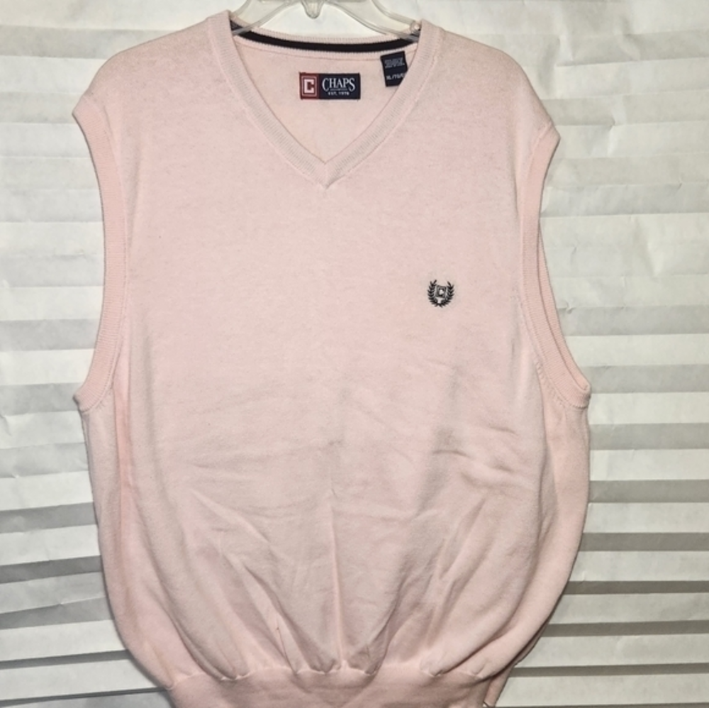 Chaps V-neck Pink Sweater Vest XL Embroidered Emblem Bottom‎ Band 100% Cotton